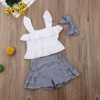 Baby Girls Summer Clothes Set Sleeveless Solid Color Ruffle Cropped Vest+Stripe Shorts+Headband Kids 3Pcs Casual Outfits  by Hs2023