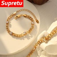 Luxury Fashion Cubic Zirconia Bracelets Women Metal Cuban Chain Titanium Steel Bangle 18K Gold Plated Korean Personality Jewelry