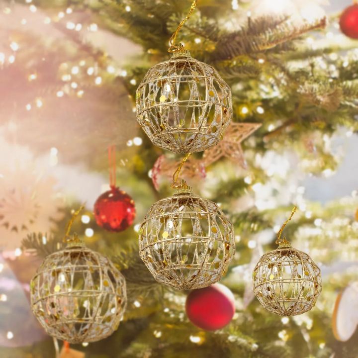เครื่องประดับคริสต์มาสและรุ่น-6ชิ้นลูกทองต้นคริสต์มาสของประดับของประดับงานปาร์ตี้ห้อยประดับวันคริสต์มาสมีฝุ่นสีทอง