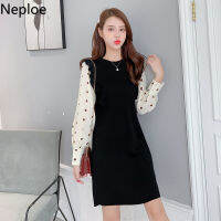 Neploe Bodycon Dress Patchwork Polka Dot Knitted Vestidos De Mujer 2021 New Robe Fake Two Piece Ruffles Temperament Dresses