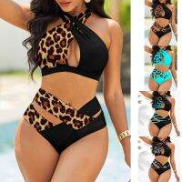 hotx 【cw】 Womens Halter Swimwear Pieces Bathing Leopard Striped Printed Tankini Top Boyshorts Swimm S-5XL