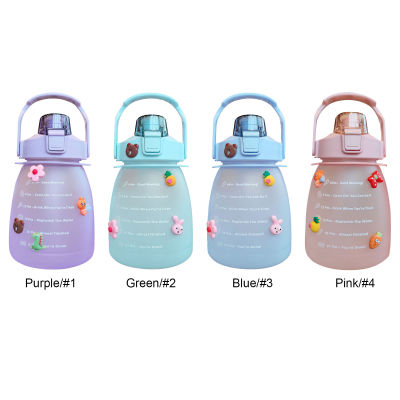 【cw】Water Bottle - Cute Kawaii Big Pot Belly Bottles with Straw, Stickers and Shoulder Strap, Water Jug with Time Marker for Camping ！