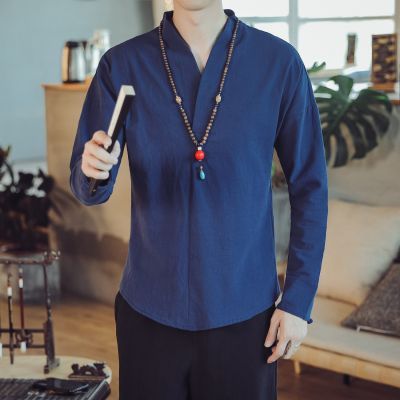 เสื้อเบลาส์คอวีสำหรับผู้ชายเสื้อเชิ้ตชุดจีนโบราณจีน M-5XL สีล้วนแขนยาวสไตล์ฤดูใบไม้ร่วงแบบดั้งเดิม