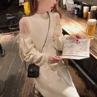 Stand Collar Knitted Dress Women Vestidos Solid Mesh y Party Dress Autumn Winter New Off-Shoulder Long Sleeve Dresses 11735