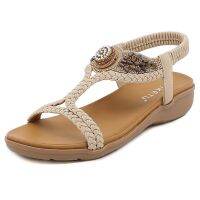 TOP☆SIKETU Brand Summer Fashion 2022 Flat Heel Sandals Women Rome Braided Straps Beaded Jeweled BOHO Extoic Sweet Elastic Band Flowy