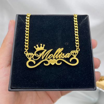【CW】Custom Name Necklace with Crown Personalized Cuban Chain Necklace Stainless Steel Nameplate Necklace for Women Gift