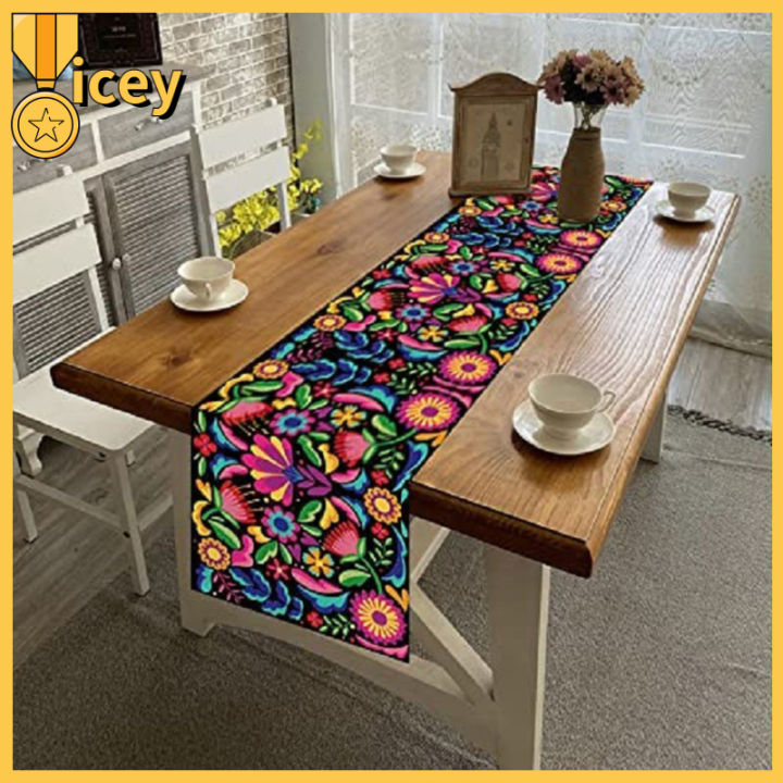 iceyhome-ผ้าลินินเม็กซิกันเฟียสต้าผ้าปูโต๊ะผ้าปูโต๊ะสำหรับในบ้านตกแต่งโต๊ะครัวห้องรับประทานอาหาร-33x180ซม
