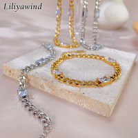 LILIYAWIND สร้อยข้อมือสร้อยสตรีสแตนเลสสตีลเพทายสี่เหลี่ยมแบบเรียบง่ายชุดเครื่องประดับ