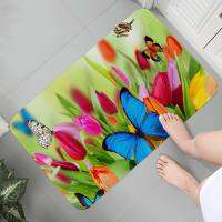 Fresh Flowers With Butterfly Printed Flannel Bathroom Decor Floor Kitchen Carpet Living Non-slip Room For Mat