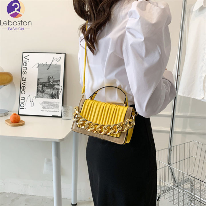 กระเป๋าโซ่จีบแบบแฟชั่นสำหรับผู้หญิงกระเป๋าใส่เอกสารหนัง-pu-สีทึบง่ายสำหรับ-kado-ulang-tahun