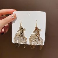 【CW】 Chinese Style Vintage Goldfish Earrings For Women Folding Fan Crane Carp Lotus Asymmetrical Tassel Earrings Girl Lucky Jewelry