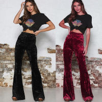 Womens Crushed Velvet High Waist Flare Wide Leg Long Pants Ladies Casual Bell Bottoms Trousers