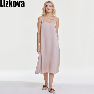 Lizkova Summer Satin Dress Women 2021 V-neck Sleeveless Vestidos Green Spaghetti Strap Robe Strap Adjust