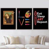 Eat Sleep Art Repeat อ้างภาพวาดผ้าใบ,Humorous Wall Art, Dabbing Mona Lisa โปสเตอร์,Ideal Home Decor, Nordic Modular รูปภาพสำหรับห้องนั่งเล่น