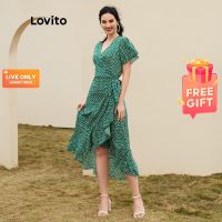 ℗♝ஐ (Live Stream Sale) Lovito Boho Floral Print Split Deep V Neck Lace Up Long Dress for Woman L12014 (Green/Black)