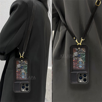 Fashion2023Crossbody กระเป๋าสตางค์กรณีศัพท์สำหรับ 14พลัส13 Pro Max RFID ปิดกั้นผู้ถือบัตรสล็อตสายคล้องมือเชือกเส้นเล็กปกหนัง