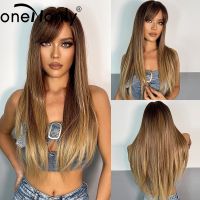 OneNonly ยาวตรงสังเคราะห์วิกผมสีน้ำตาลวิกผม Bangs สำหรับผู้หญิงทุกวันคอสเพลย์คริสต์มาสผมความร้อน Resista