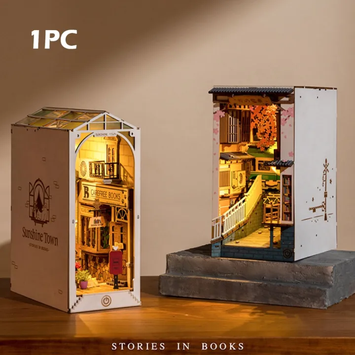 DIY Alley Book Nook Sakura Train Bookcase Wooden Bookend Bookshelf