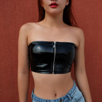 Beautyer สตรีหลอด PU Crop Tops เสื้อกั๊กซิปเสื้อแขนกุดแบบสบายๆ