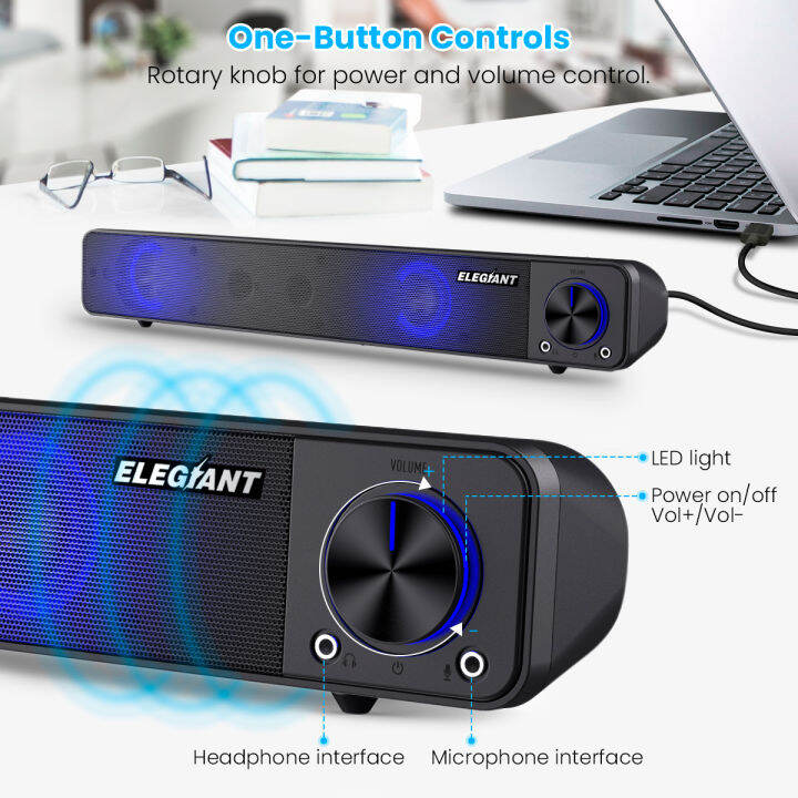 elegiant-mini-soundbar-สเตอริโอยูเอสบีคอมพิวเตอร์ลำโพงไฟ-led-ควบคุมระดับเสียงพร้อมไมโครโฟนสำหรับแท็บเล็ตพีซีเดสก์ท็อปโปรเจคเตอร์