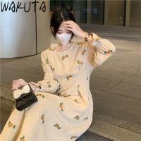 WAKUTA Vintage preppy fashion floral long dress korean winter temperament high waist corduroy dresses literary college clothes