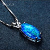 Sterling Silver Blue Fire Opal Oval Necklaces Pendants for Women Jewelry