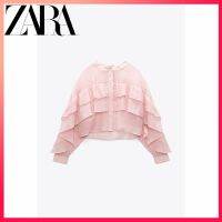 Zara ใหม่ เสื้อคอกลม แขนสั้น แต่งระบาย สีชมพู แฟชั่นฤดูใบไม้ผลิ และฤดูร้อน สําหรับผู้หญิง 2022 pov