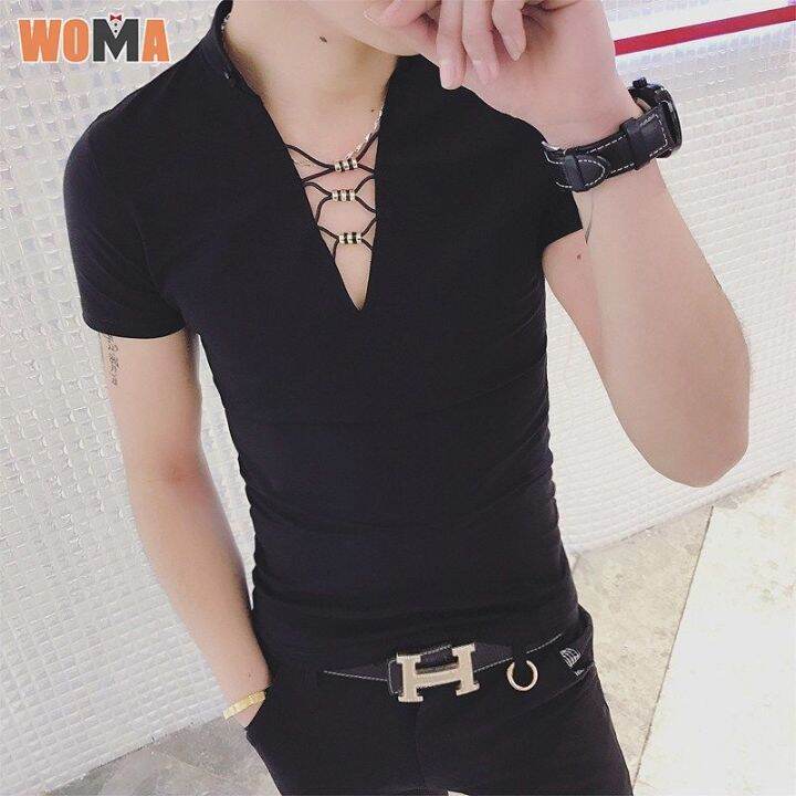 woma-เสื้อพูลโอเวอร์แขนสั้นผู้ชายคอวีเล็ก