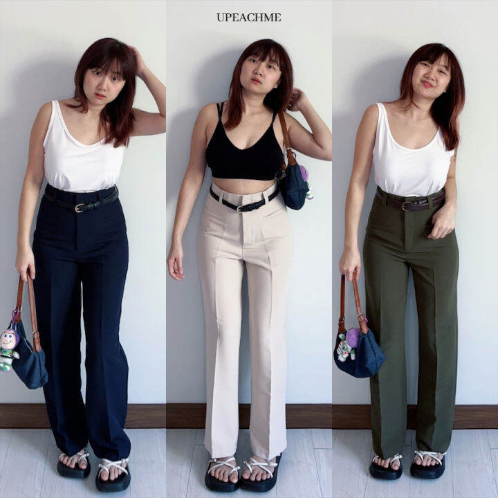 bean-trousers-i-กางเกงขายาวเอวสูงโกงความสูง-กางเกงเอวสูงพลัสไซส์-กางเกงสีพื้นมินิมอล-สไตล์เกาหลี-ขายาวเข้ารูปลูกคุณ