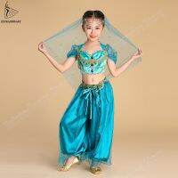 hot【DT】 New Children Costumes Belly Veil Top Pant 4 Pieces Set Kids Bollywood