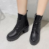 2022 Autumn and Winter New British Style Thick Heel Round Toe Lace-up Fashion Boots Women Thick Heel Black Casual Womens Boots