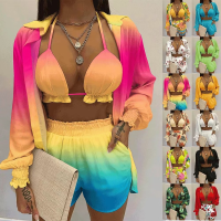 New Summer 3 Piece Set Outfits Women y Beach Style Printed Suspender Shirt Shorts Pant Suit Swimsuit Women Swimwear