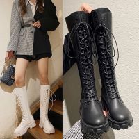 COD dsdgfhgfsdsss raya✨ready stock?Large Womens Shoes Size 35-43 Knight Boots Womens Shoes Lace up High Martin Boots New Versatile Low Heel Long Boots Thick soles Knee length Boots