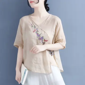 Wonmen Cotton Linen Blouse Plain Shirt Sleeve Thin Boho Ethnic