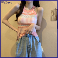 We[love] แฟชั่นแถบถักชุดชั้นในสตรีฤดูร้อนวินเทจรอบคอแขนกุด Crop TOP