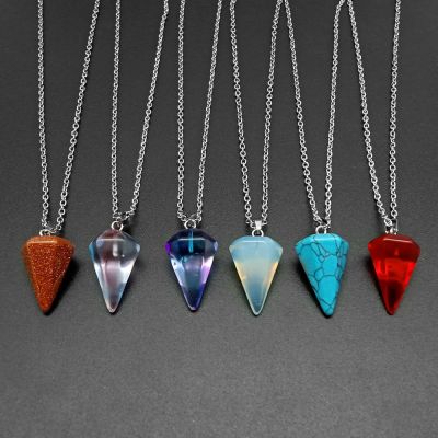 Trendy Hexagonal Column Cone Shape Turquoise Crystal Agate Natural Stone Pendant Necklaces Stainless Steel Chain For Women Men Headbands