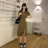 ▥✟ SUXI Polo Collar Dress Casual Female Summer Korean Style Solid Color Waist Slim Fit Midi Dresses