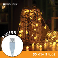 ไฟเชอรี่แบบ USB 50 ดวง 5 เมตร / ไฟแต่งห้อง ไฟประดับเต๊นท์ ไฟปิงปอง Christmas lights LED ( แสงวอร์มไวท์ )