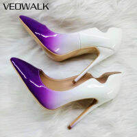 Veowalk สีขาวสีม่วง Gradient ผู้หญิง Curl ตัด Pointy Toe Stiletto ปั๊มสุภาพสตรี Slip On Dress รองเท้า Plus ขนาด33-45 ~