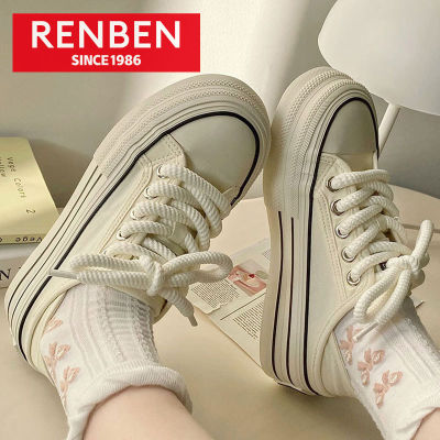 RENBEN รองเท้าพื้นหนาสำหรับผู้หญิง,สไตล์เกาหลีแบบใหม่สตรีพื้นครึ่งสีครีมรองเท้าสีขาวสีเบจ