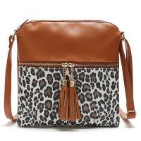 Contrast Leopard Print Tassel Bag Womens Single Shoulder Double Tassel Pendant Bag