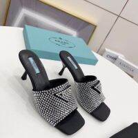 2022 spring and summer pradaˉnew high-heeled super hot star the same style rhinestone kitten heel super hot high-heeled flat slippers