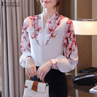 (สินค้ามาใหม่)(จัดส่งฟรี)Fancystyle ZANZEA เสื้อเสื้อพิมพ์ลายลายดอกไม้สไตล์เกาหลีของผู้หญิงแขนยาวใส่ทำงานคอวีเสื้อยืดสตรี #11