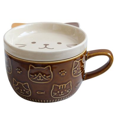Creative Ceramic Coffee Mugs with Lid Cute Cat Porcelain Cup Family Breakfast Milk Juice Cup Beverage