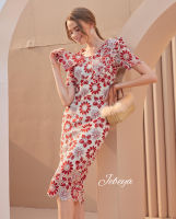 Jebeya Floral Dress Burgundy (สีแดงสลับครีม)