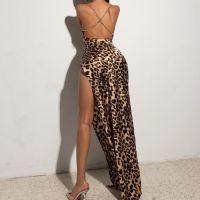 Son backless chain sling irregular profile high female leopard grain big open fork of the dress dress