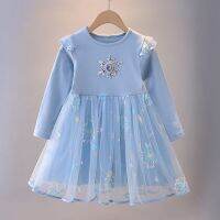 【jeansame dress】 GirlsCartoonFrozen ElsaFashionPrints Short SleeveCute Party BabyStar Sequins Dress