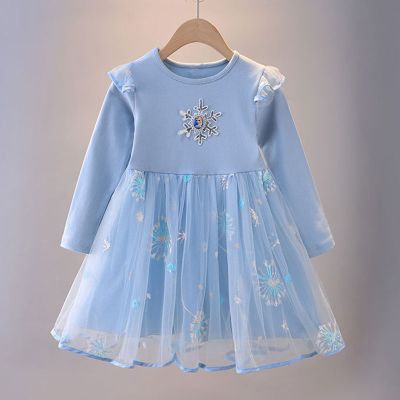 〖jeansame dress〗 GirlsCartoonFrozen ElsaFashionPrints Short SleeveCute Party BabyStar Sequins Dress
