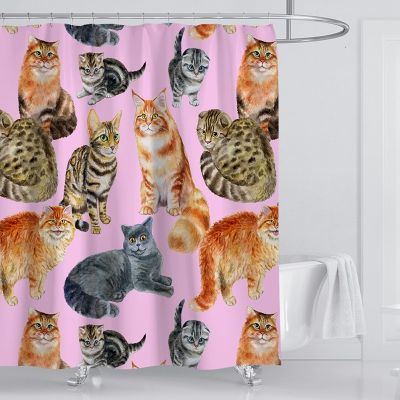 ผ้าม่านห้องน้ำสีชมพูสไตล์แมวต่างๆพิมพ์ทนทานและกันน้ำ