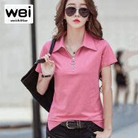 WEISHIBLUE Slim-Fit Turn-Down Collar Tshirts ผู้หญิงอารมณ์แขนสั้น Top Tees Plus ขนาดซิปเสื้อยืดหญิง